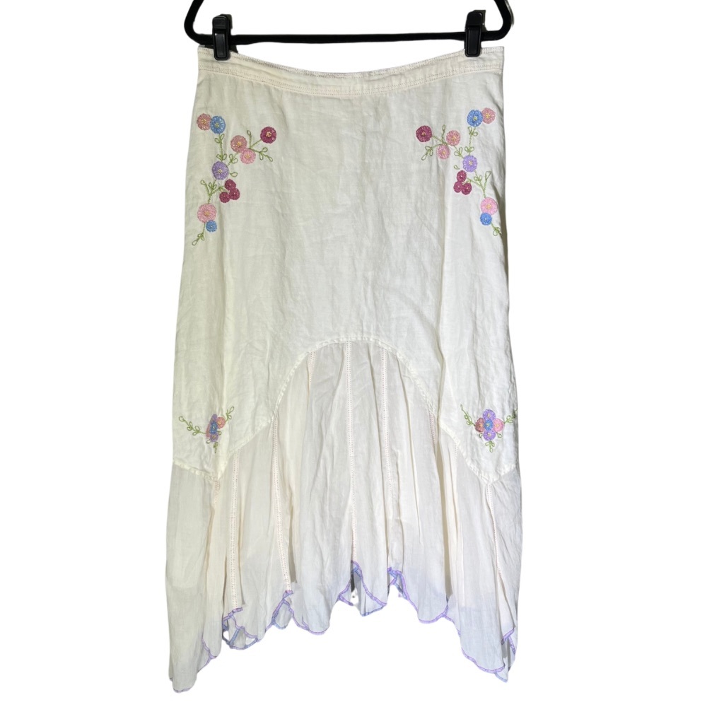 J Jill Vintage Skirt Embroidered Floral White Asymmetrical Hem Midi Size 10